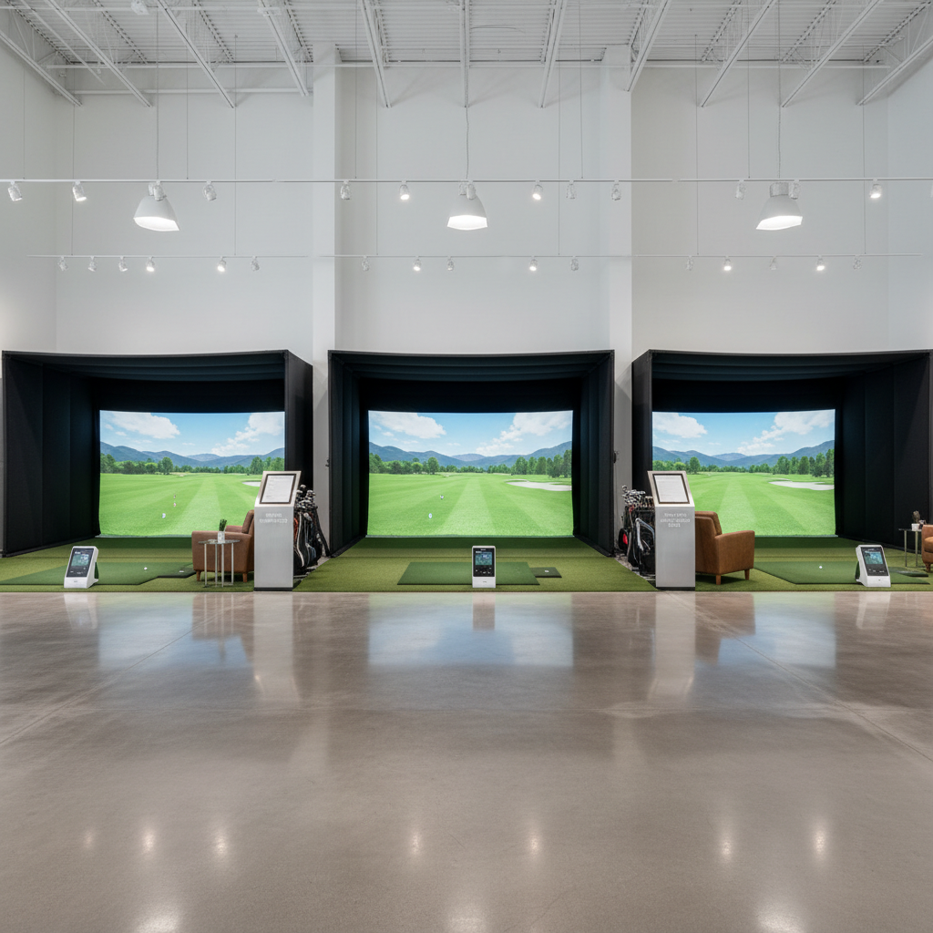 Professional golf simulator showroom with multiple complete setups on display