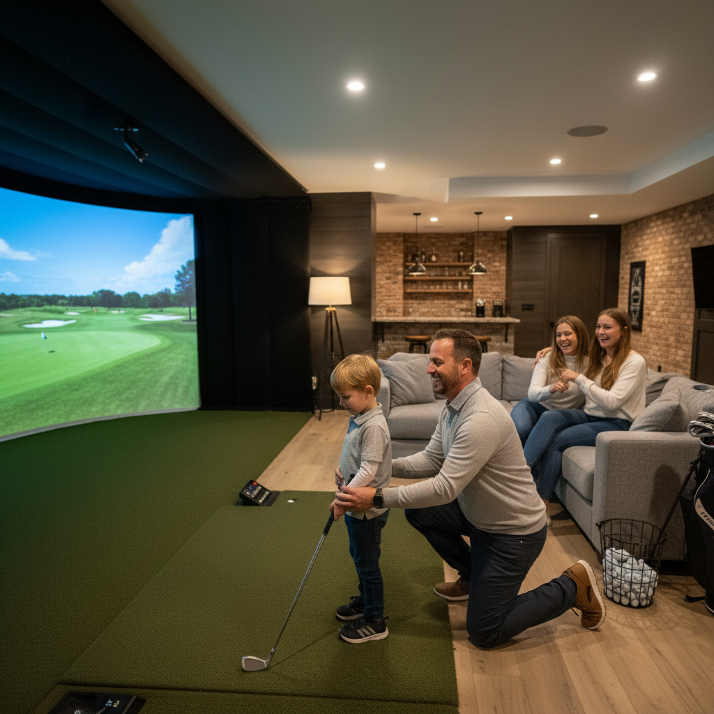 Family enjoying a home golf simulator together in their finished basement