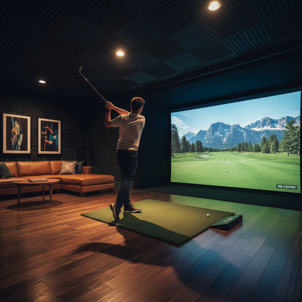 Luxurious home golf simulator room with dramatic lighting and golfer mid-swing against projected fairway