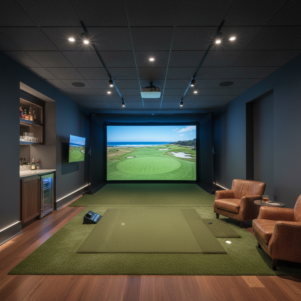 Complete home golf simulator room with large screen, hitting mat, and professional lighting
