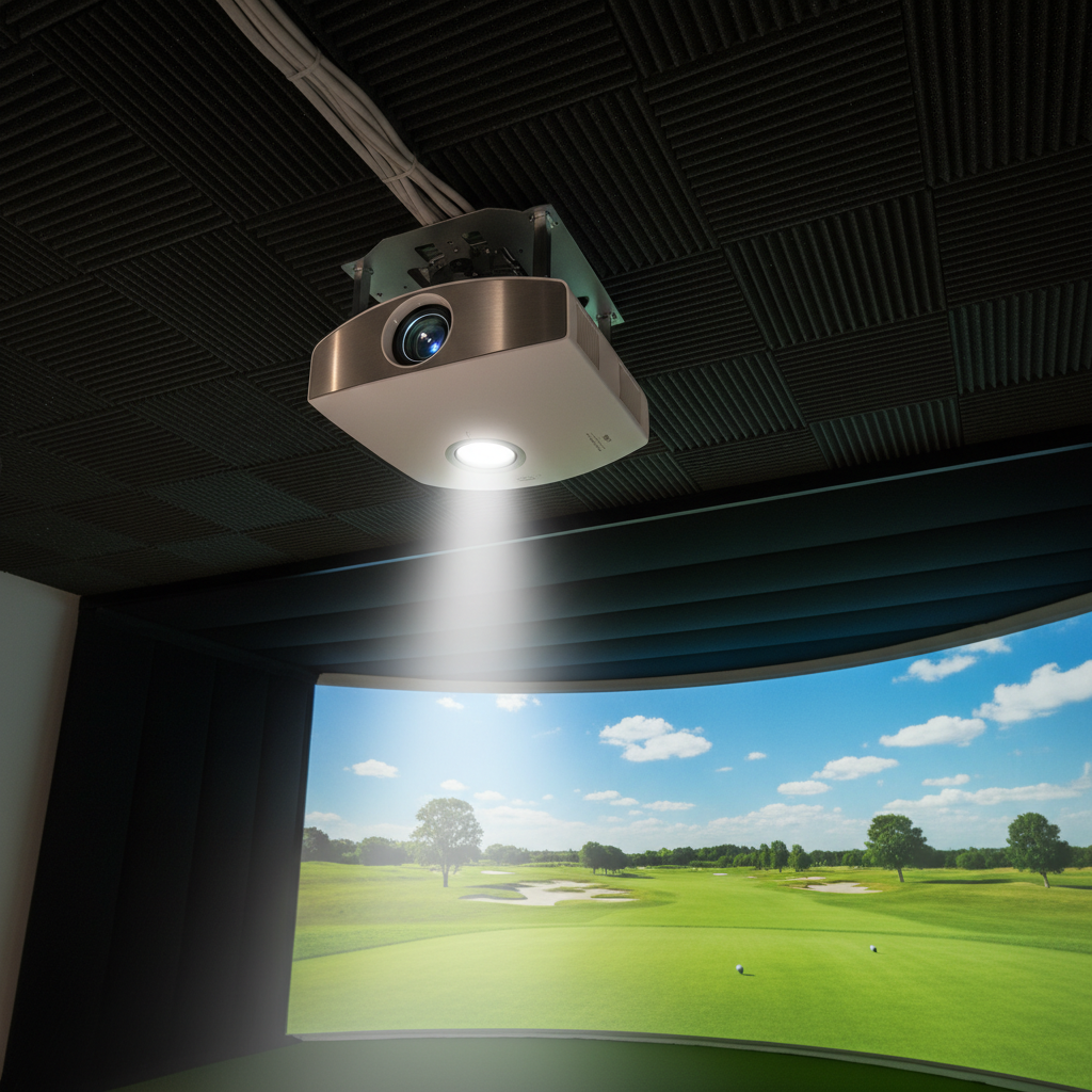 Short-throw projector mounted in a golf simulator room casting vivid course image